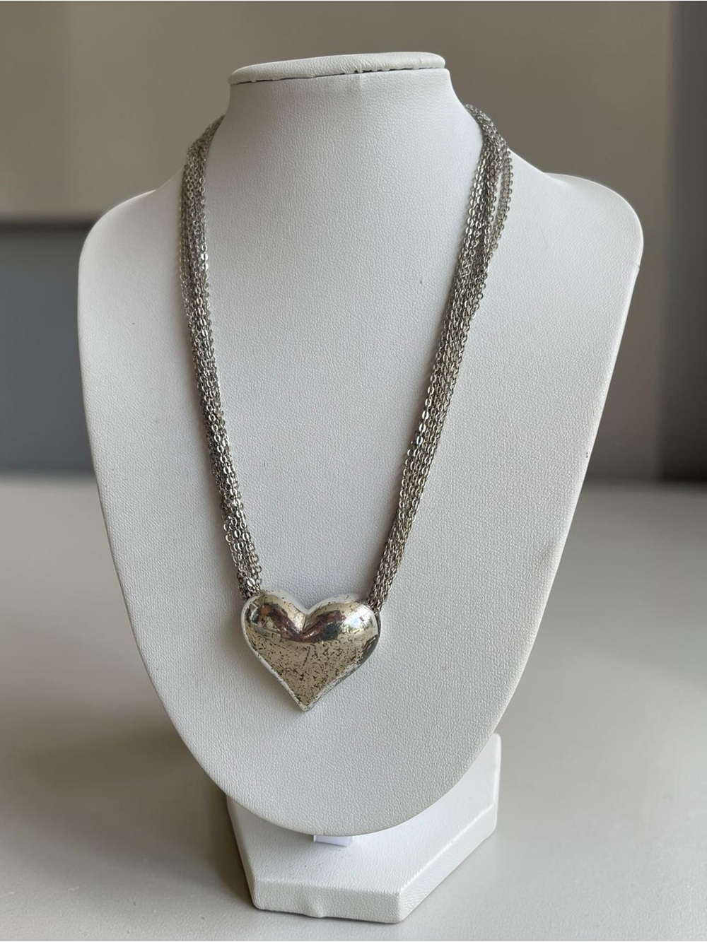 Vintage Silver Tone Puffy Heart Pendant Multi Strand Chain Necklace